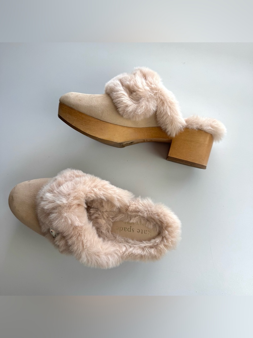 Kate Spade New York Uma Clogs Wooden Platform Heels faux fur Pink Suede Sz 6.5 B - Picture 7 of 8